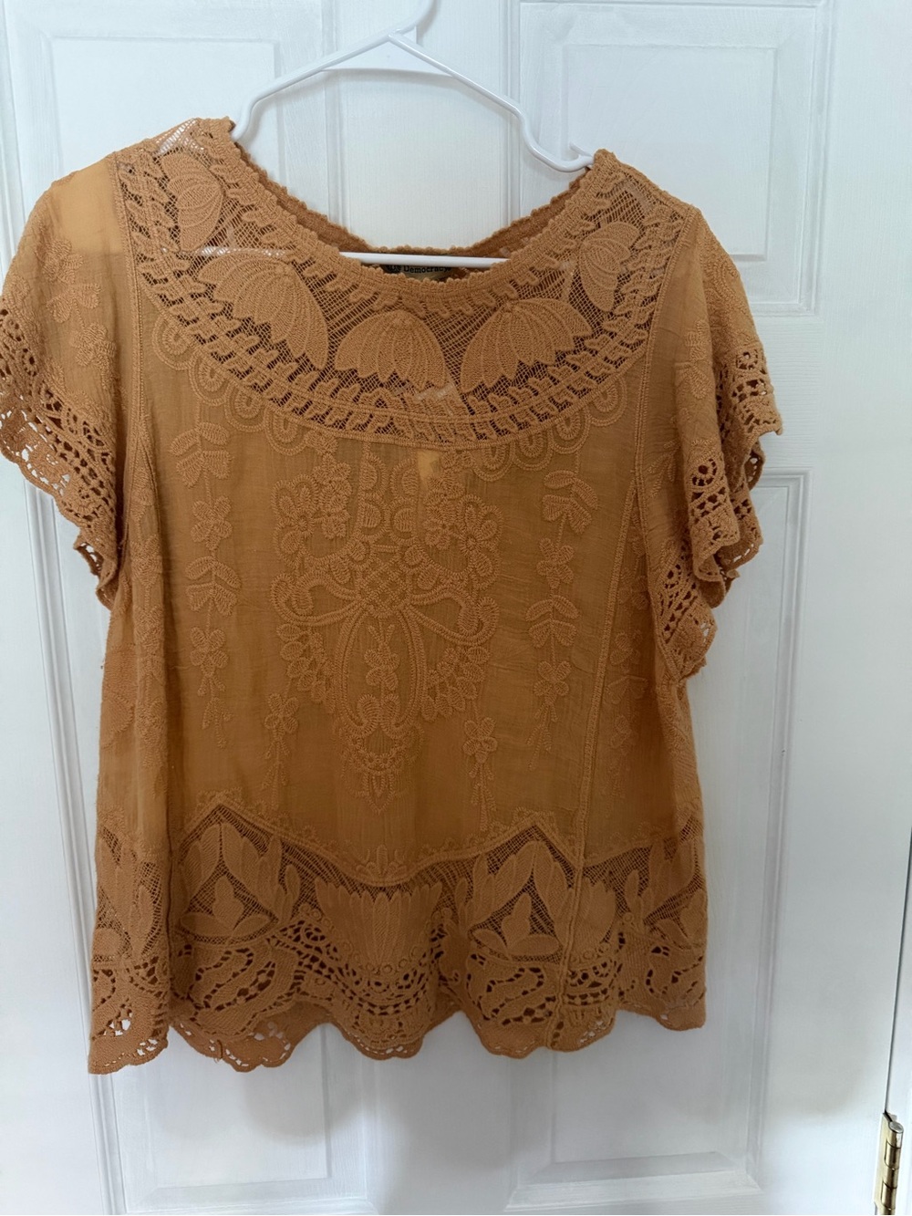 Democracy Mustard-Tan Crochet Embroidered Blouse